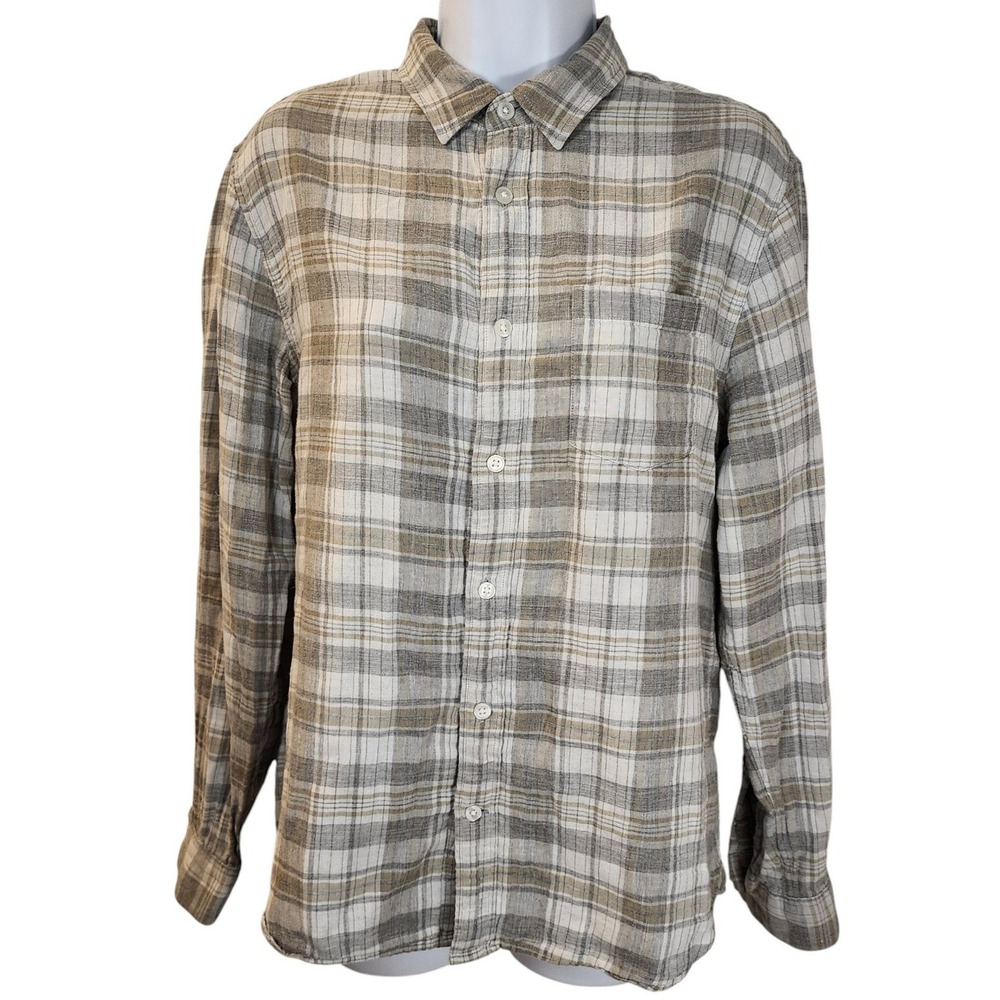Vince Classic Fit Double Face Plaid Shirt Mens Small S Gray Taupe Button Down